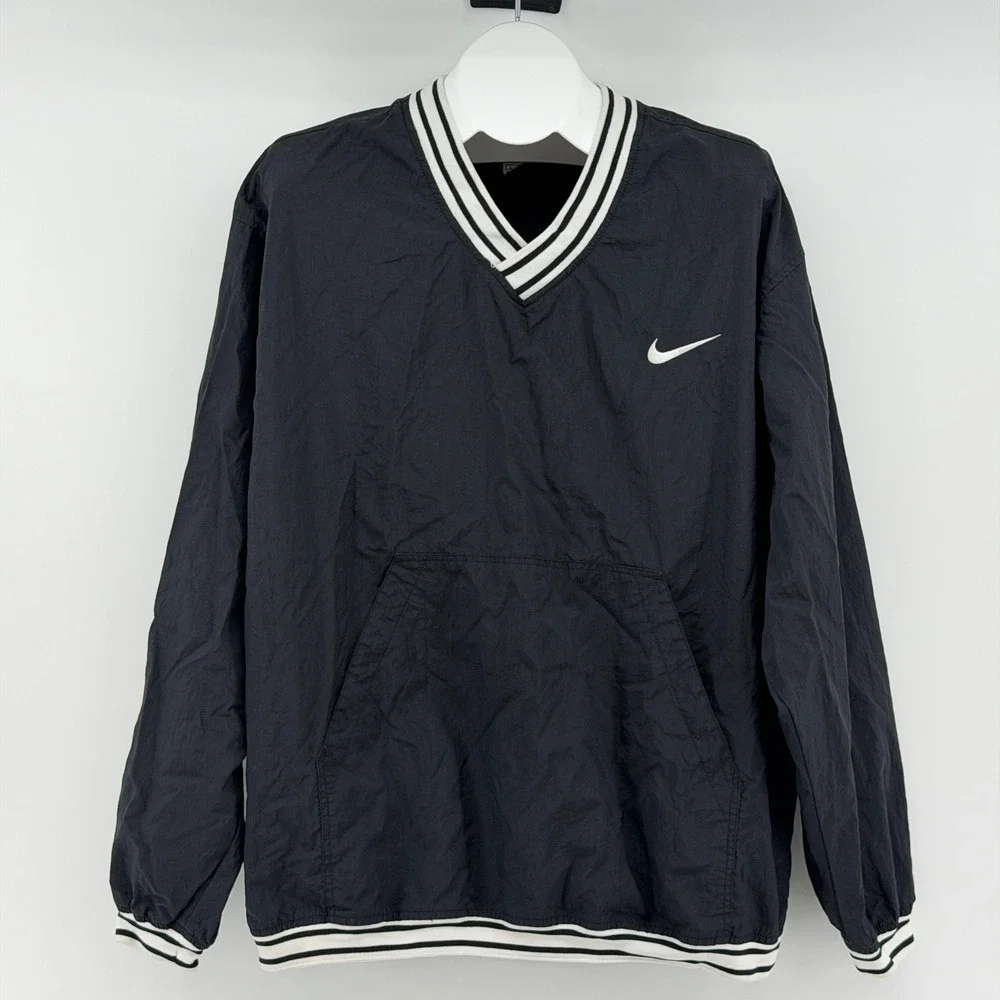 Vintage 90s Nike Windbreaker Sz L Black V-Neck Pullover Striped Trim Swoosh EUC
